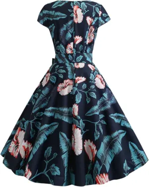 1950s Dresses for Women Vintage 2024 Graphic Cap Sleeve Swing A-Line Midi Dresses Rockabilly Garden Party Dress