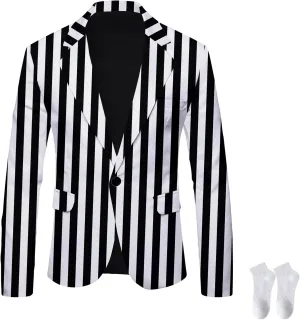 2023 Men's Black and White Striped Blazer, Casual British Slim Fit Suit Pinstripe Suits Jacket