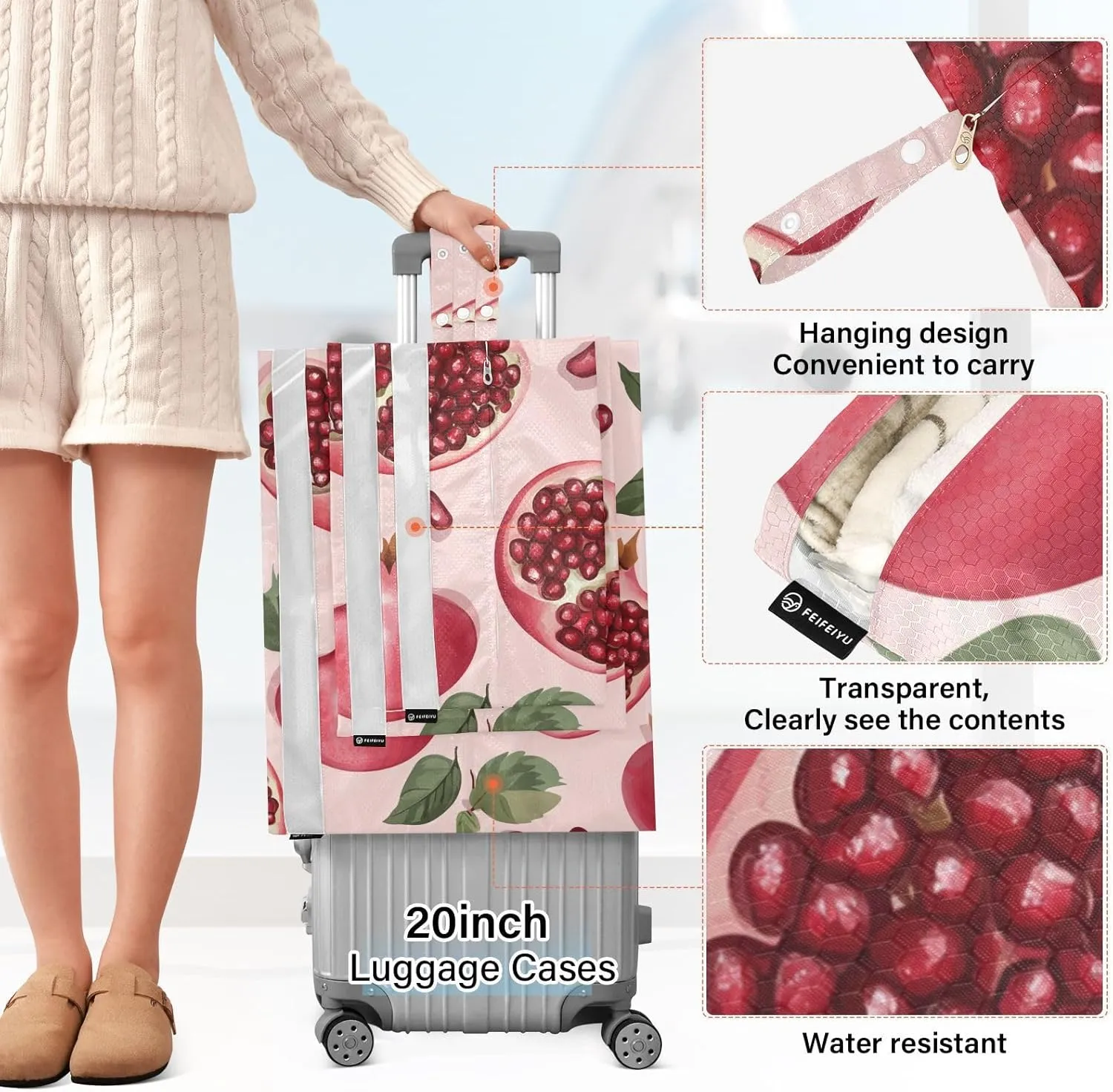 3 Set Travel Packing Cubes For Suitcases, Fresh Pomegranate Fruit Blush, Stackable, Garment Bag Closet Storage, Luggage Space Saver, Organizadores De Maletas Para