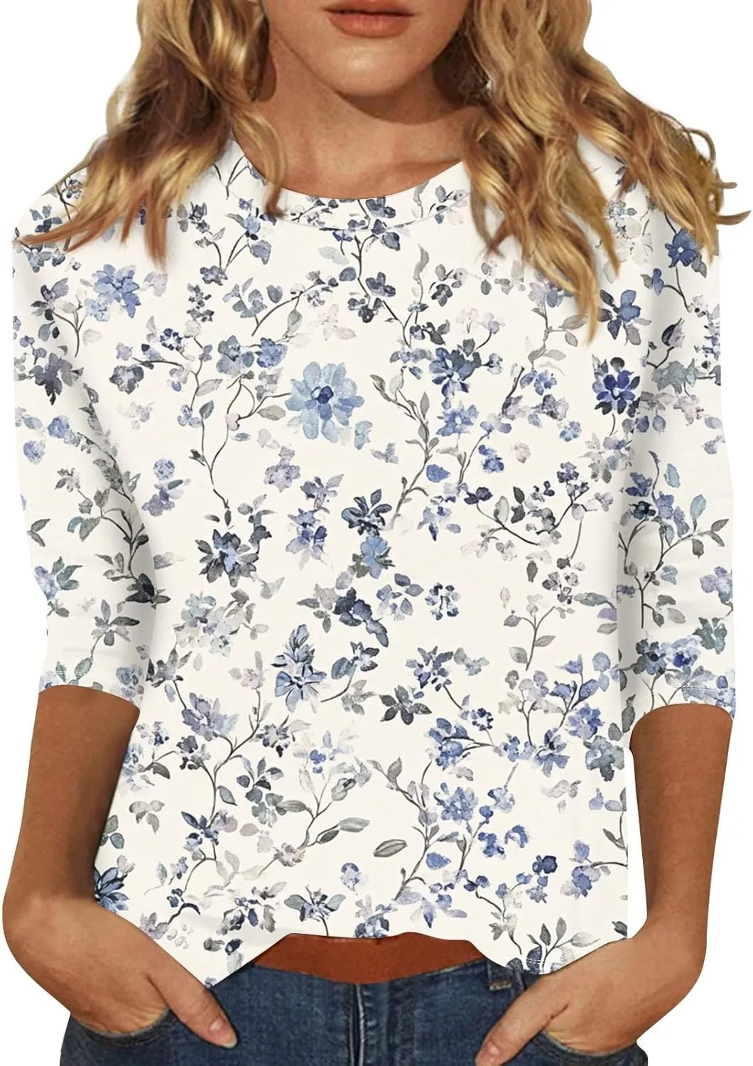 3/4 Length Sleeve Shirts for Women Floral Print Tees Blouses Crewneck Loose Casual Plus Size Tops T Shirts