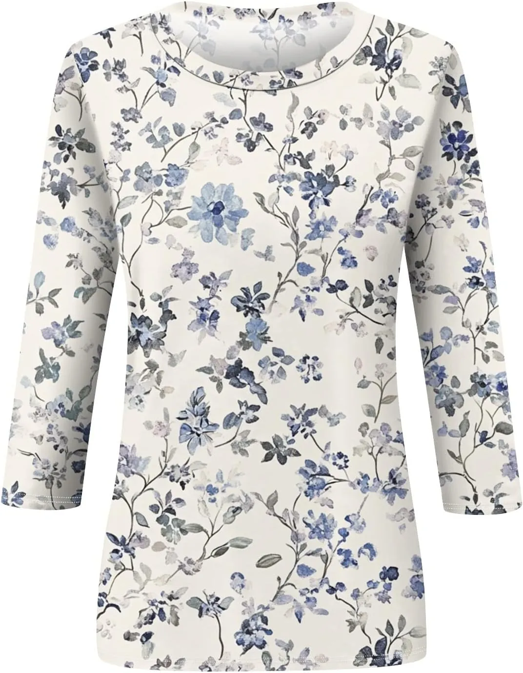 3/4 Length Sleeve Shirts for Women Floral Print Tees Blouses Crewneck Loose Casual Plus Size Tops T Shirts