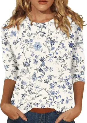 3/4 Length Sleeve Shirts for Women Floral Print Tees Blouses Crewneck Loose Casual Plus Size Tops T Shirts