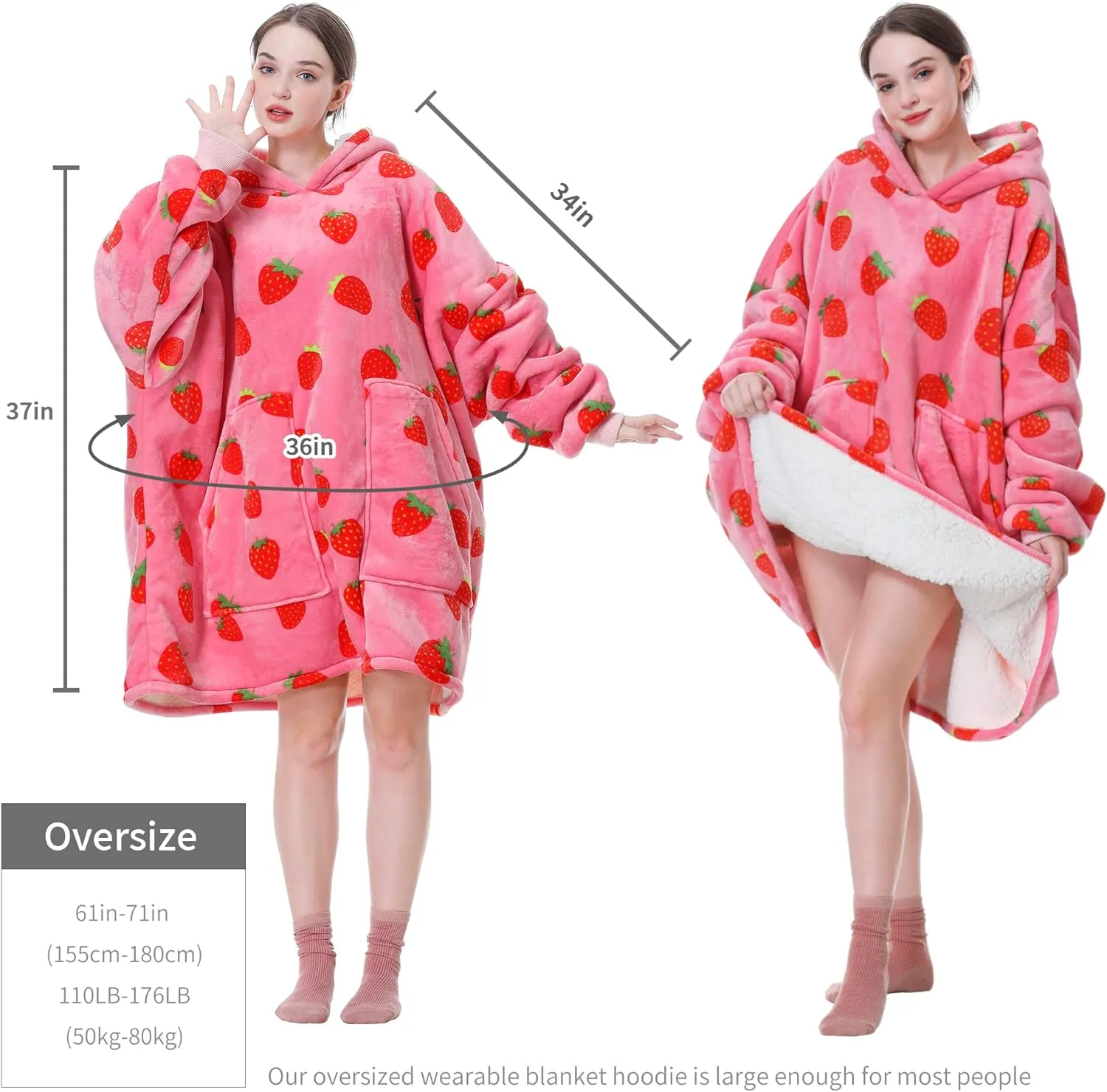 Aemicion Strawberry Blanket Hoodie,Oversized Sherpa Wearable Hooded Blanket,Warm Cozy Sweatshirt Gifts for Women Girls Adult