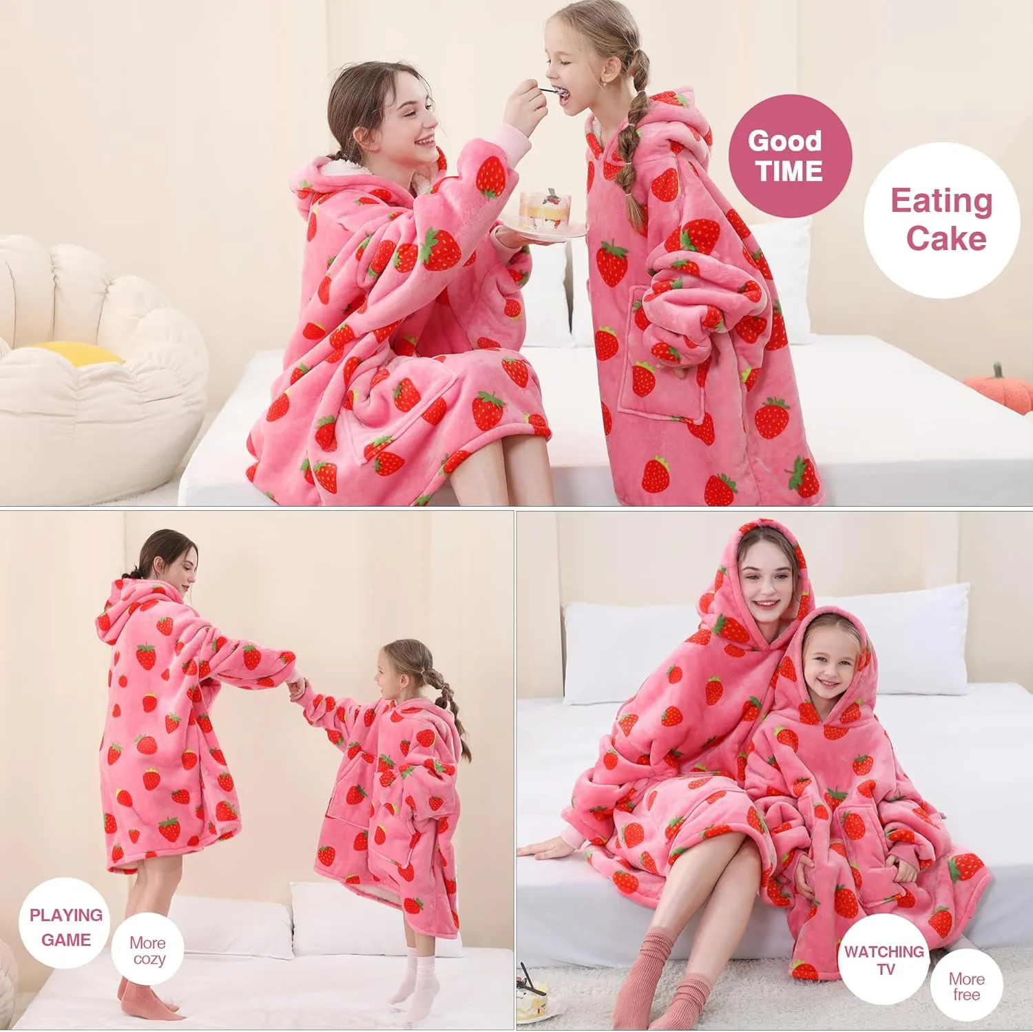 Aemicion Strawberry Blanket Hoodie,Oversized Sherpa Wearable Hooded Blanket,Warm Cozy Sweatshirt Gifts for Women Girls Adult