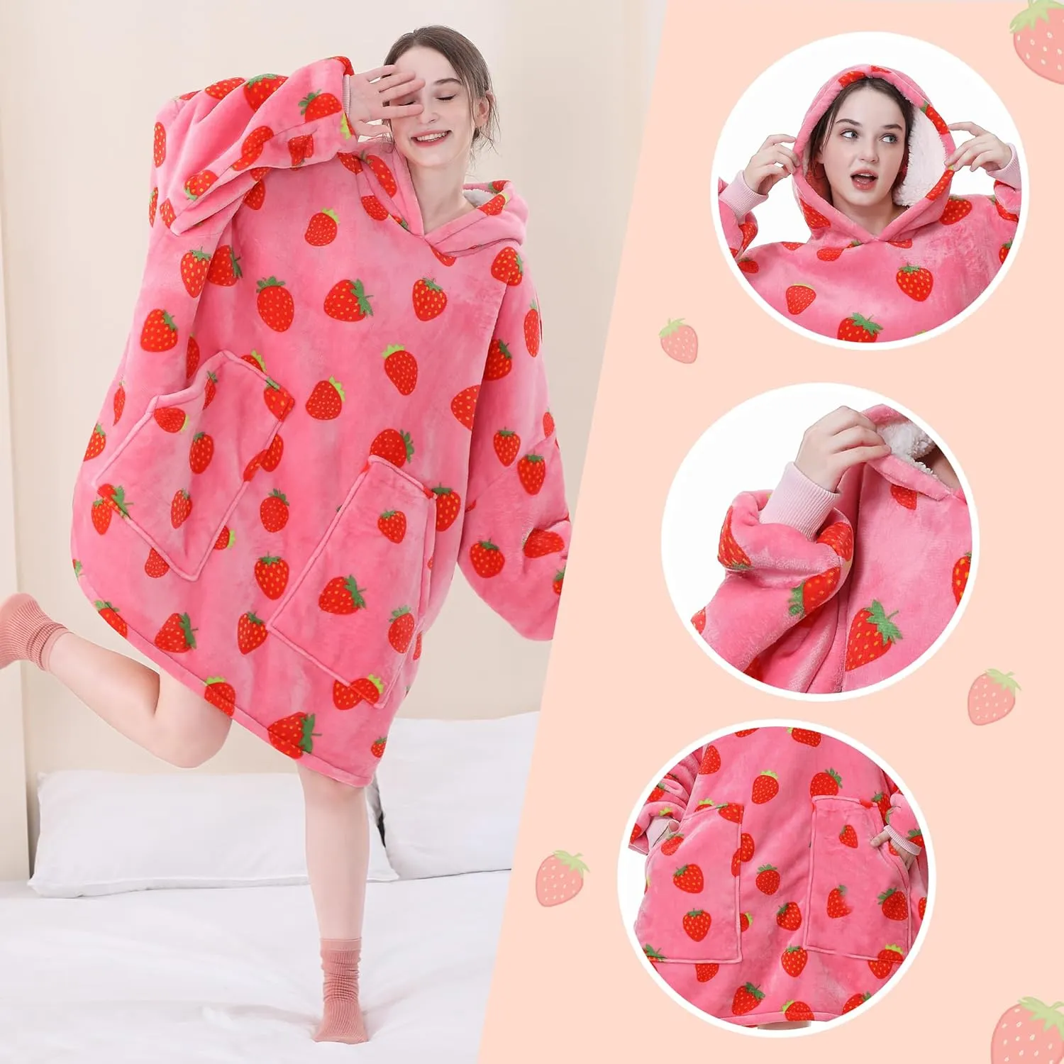 Aemicion Strawberry Blanket Hoodie,Oversized Sherpa Wearable Hooded Blanket,Warm Cozy Sweatshirt Gifts for Women Girls Adult