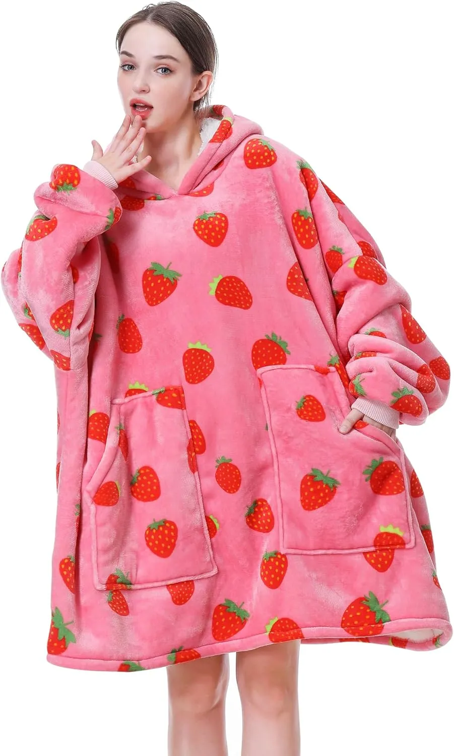 Aemicion Strawberry Blanket Hoodie,Oversized Sherpa Wearable Hooded Blanket,Warm Cozy Sweatshirt Gifts for Women Girls Adult