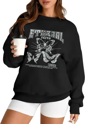 AKEWEI Women Oversized Sweatshirt Fall Outfits 2024 Teen Girl Clothes Graphic Crew Neck Preppy Fleece Pullover Tops