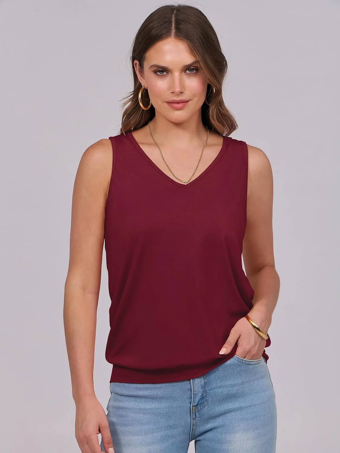 ANRABESS Women Tank Tops Summer V Neck Sleeveless Casual Loose Fit Cute Cami Basic T Shirts Solid Tees 2025 Trendy Outfits