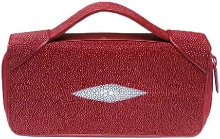 Authentic Exotic Real Stingray Skin Women Purple Purse Genuine Leather Zipper Closure Lady Clutch Bag Female Large Card Holders (Red)