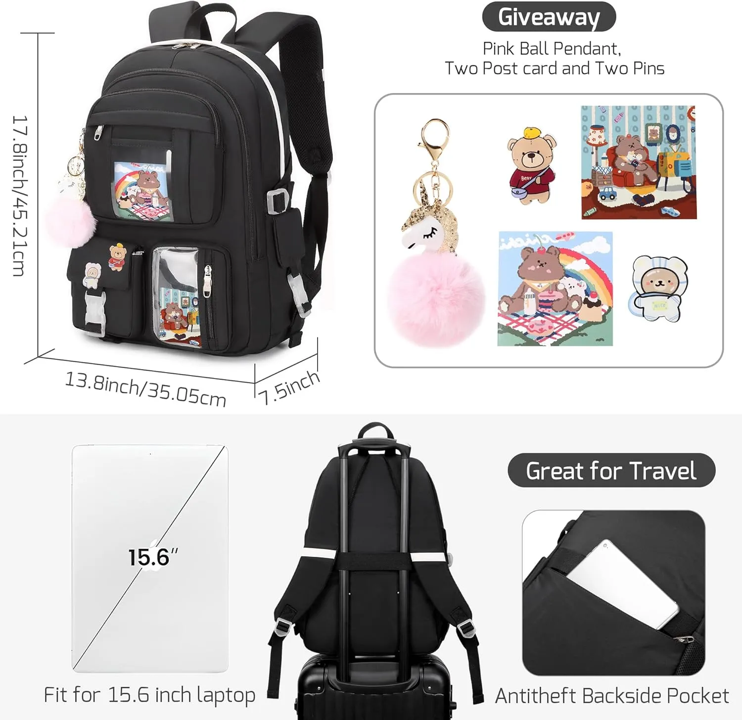 Backpacks for Girls,Laptop Backpack 15.6 Inch School Bag Cute College Large Bookbags Travel for Teens Women Students Anti Theft Daypack (Black)