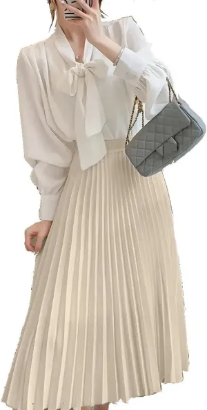 Beauty Beast Women Pleated High Elastic Waist Versatile Solid Color Midi Woven Weave Skirt Beige Size S
