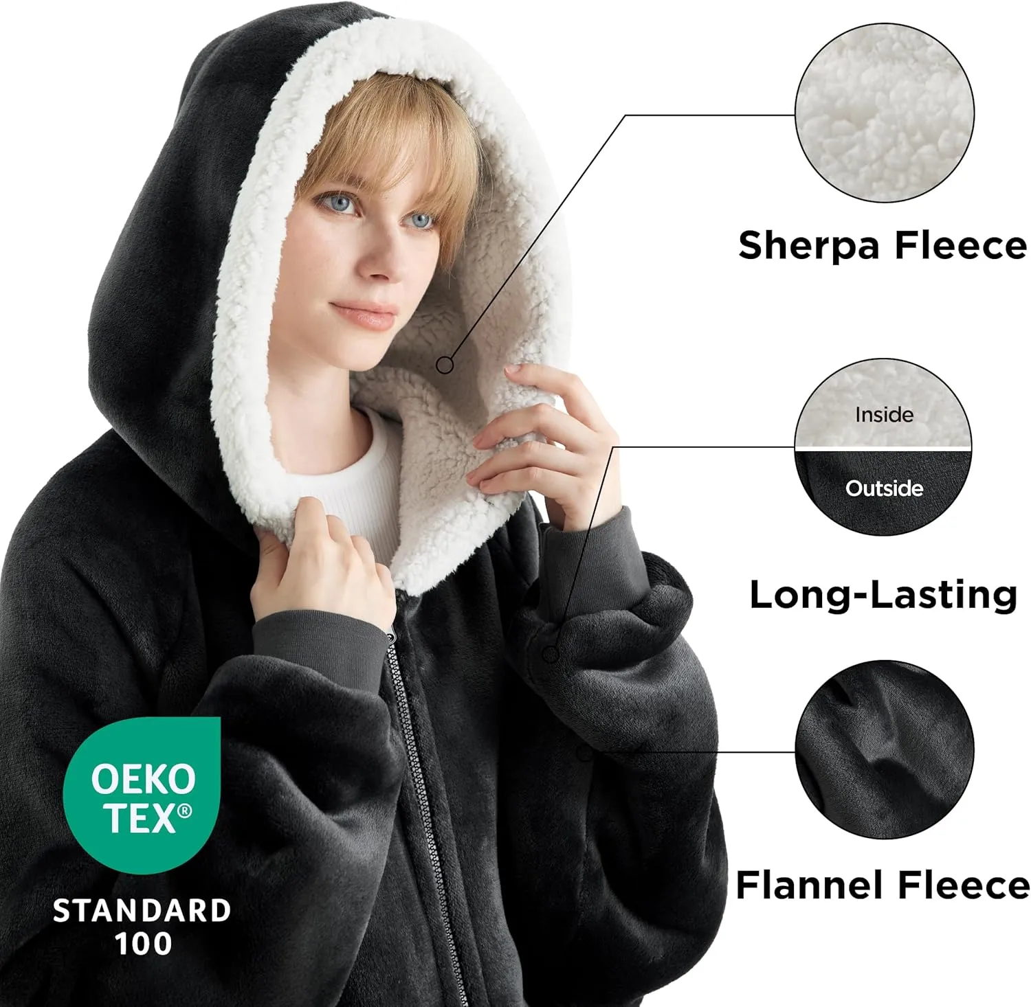Bedsure Blanket Hoodie - Wearable Blankets for Women with Zipper as Gifts for Mom & Girlfriend, Cozy Men Sherpa Hoodie Jacket