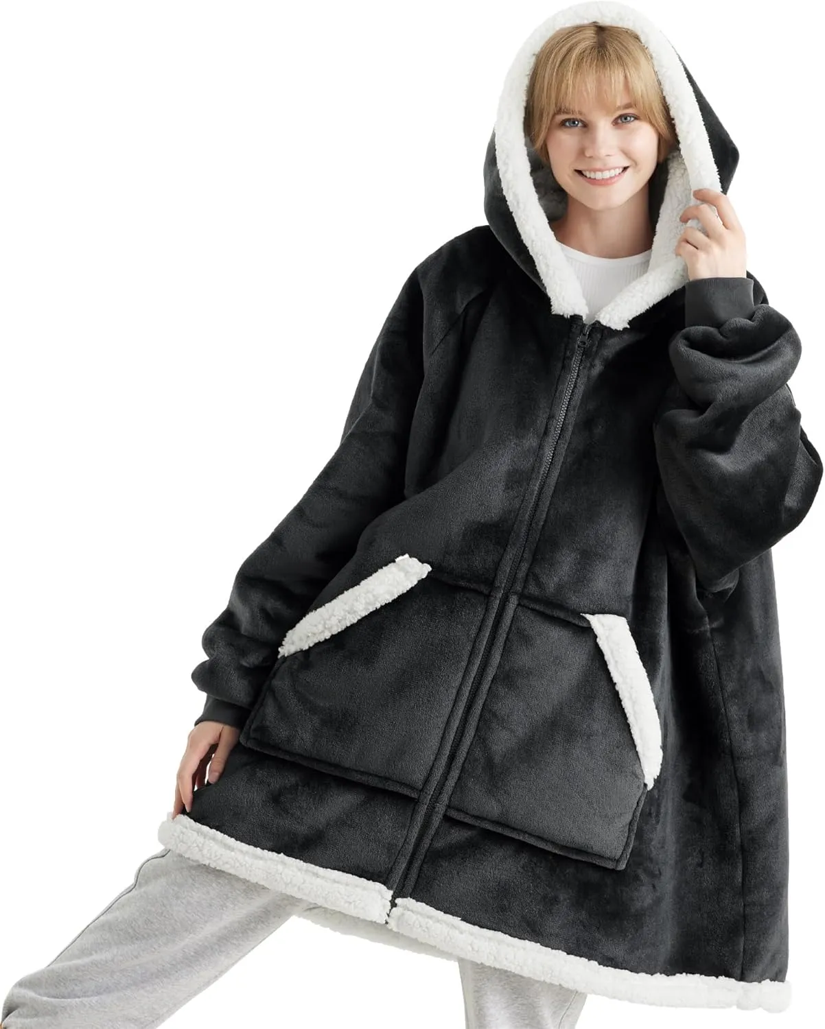 Bedsure Blanket Hoodie - Wearable Blankets for Women with Zipper as Gifts for Mom & Girlfriend, Cozy Men Sherpa Hoodie Jacket