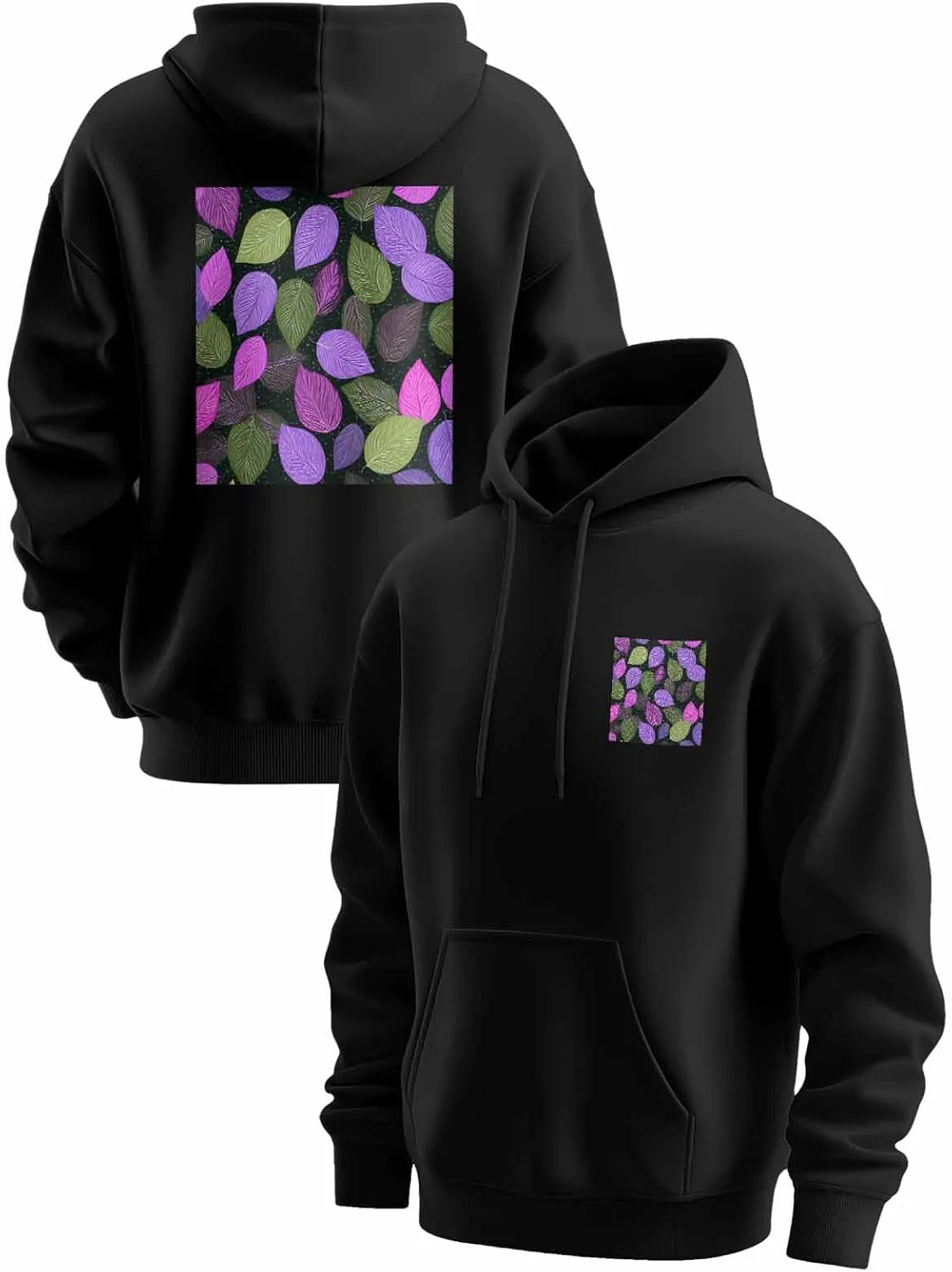 BEMIGO Hooded Sweatshirt Women Leaves Cozy Black/White Sweatshirt with Oversized Front Pocket Colorful Printed Trendy Tops