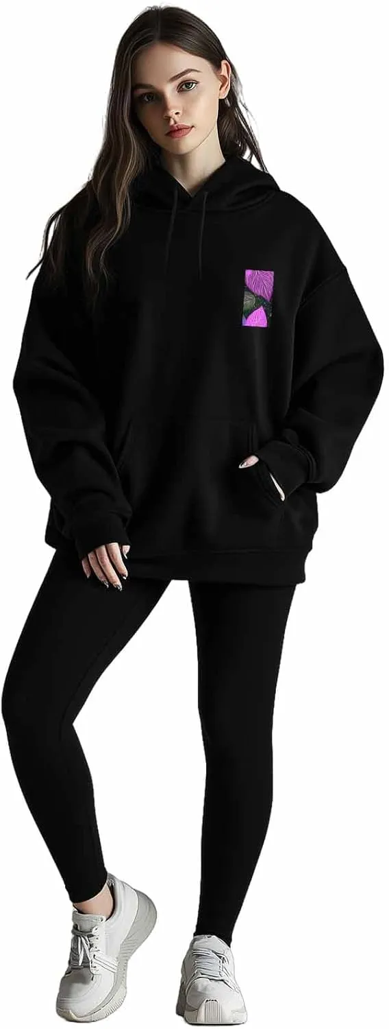 BEMIGO Hooded Sweatshirt Women Leaves Cozy Black/White Sweatshirt with Oversized Front Pocket Colorful Printed Trendy Tops