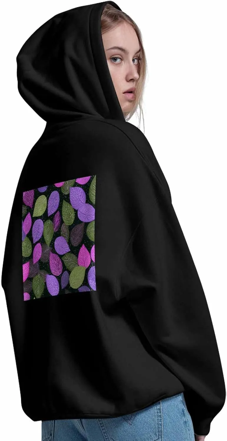 BEMIGO Hooded Sweatshirt Women Leaves Cozy Black/White Sweatshirt with Oversized Front Pocket Colorful Printed Trendy Tops