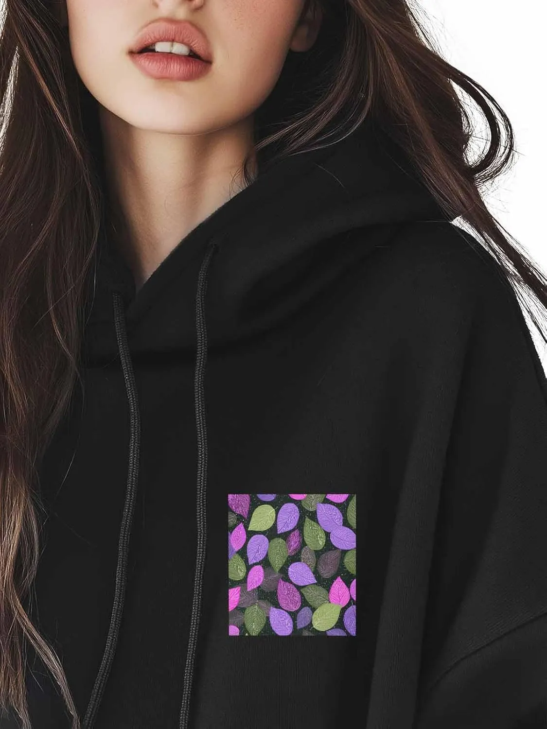 BEMIGO Hooded Sweatshirt Women Leaves Cozy Black/White Sweatshirt with Oversized Front Pocket Colorful Printed Trendy Tops