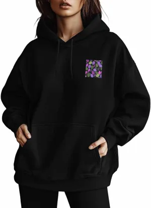 BEMIGO Hooded Sweatshirt Women Leaves Cozy Black/White Sweatshirt with Oversized Front Pocket Colorful Printed Trendy Tops