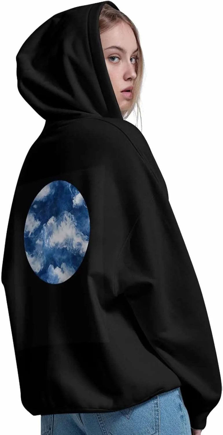 BEMIGO Hooded Sweatshirt Women Watercolor Cozy Black/White Sweatshirt with Oversized Front Pocket Blue Printed Trendy Tops