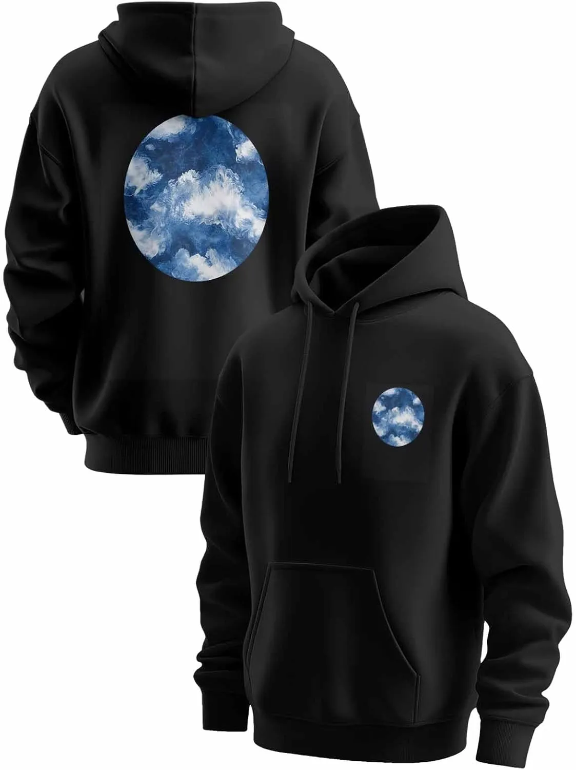 BEMIGO Hooded Sweatshirt Women Watercolor Cozy Black/White Sweatshirt with Oversized Front Pocket Blue Printed Trendy Tops