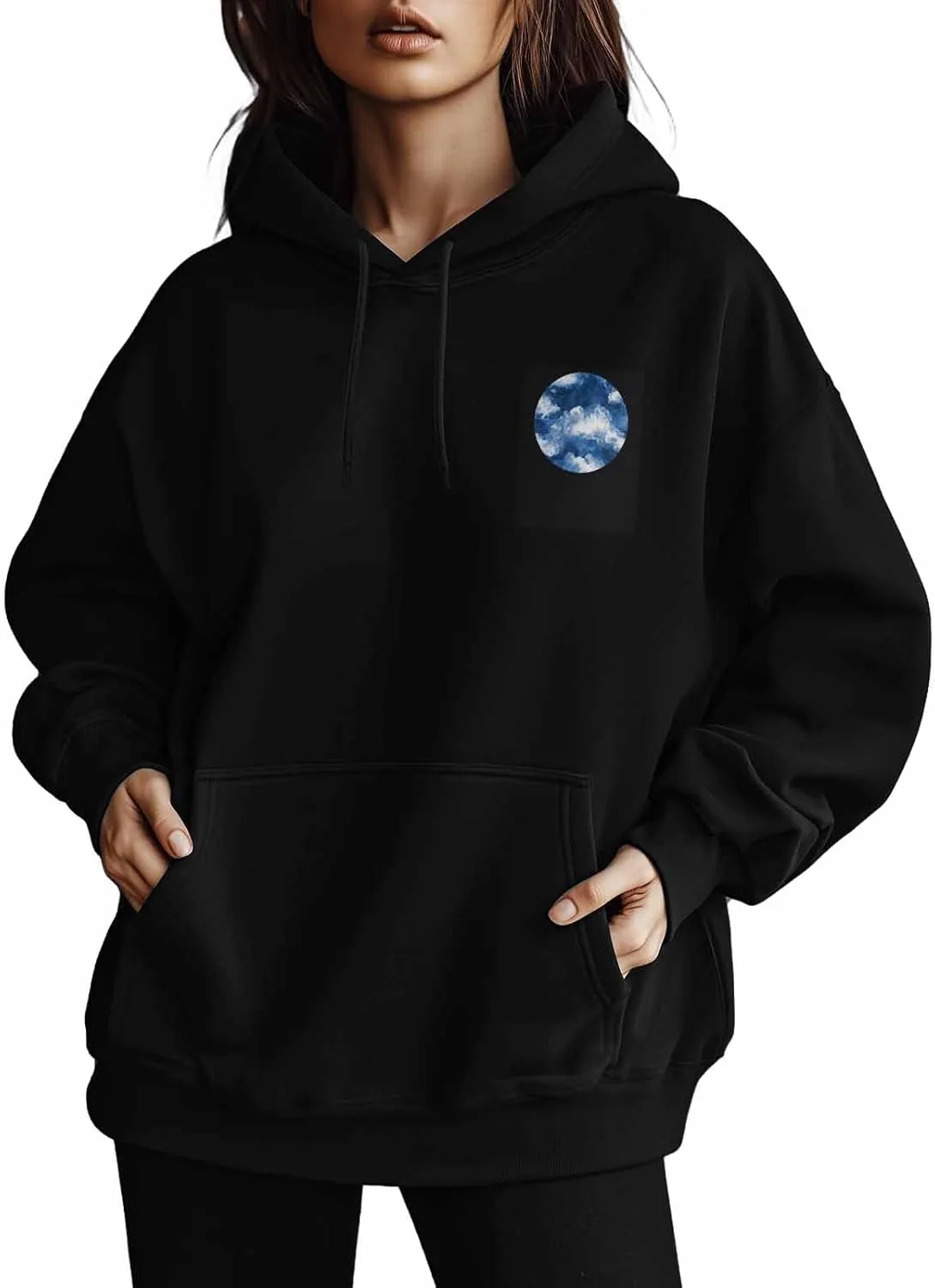 BEMIGO Hooded Sweatshirt Women Watercolor Cozy Black/White Sweatshirt with Oversized Front Pocket Blue Printed Trendy Tops