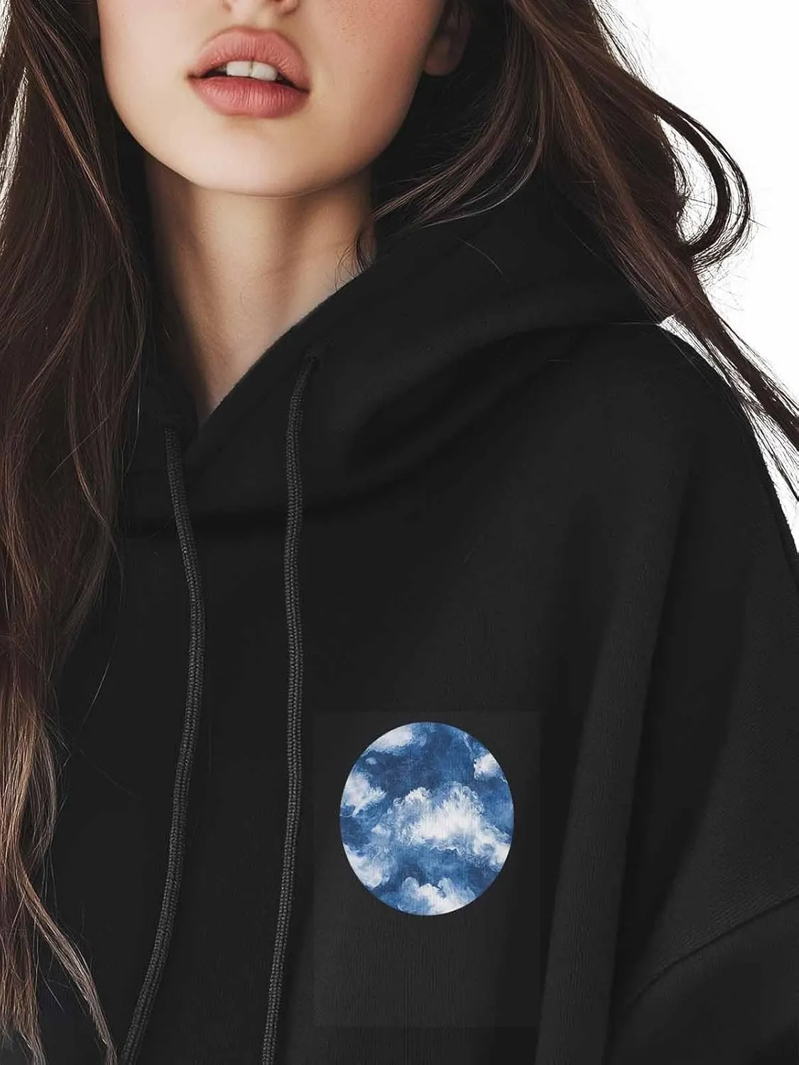 BEMIGO Hooded Sweatshirt Women Watercolor Cozy Black/White Sweatshirt with Oversized Front Pocket Blue Printed Trendy Tops