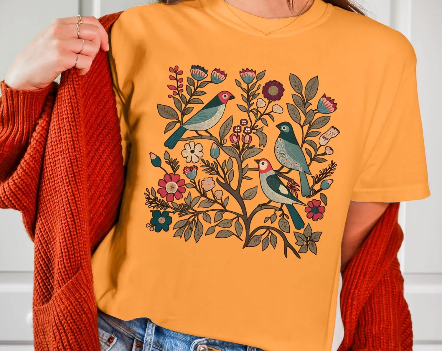 Bird Shirt Women Boho Flower: Watercolor Bird Shirts Nature Animal Gift Floral Graphic Tee Botanical Garden Lover Top