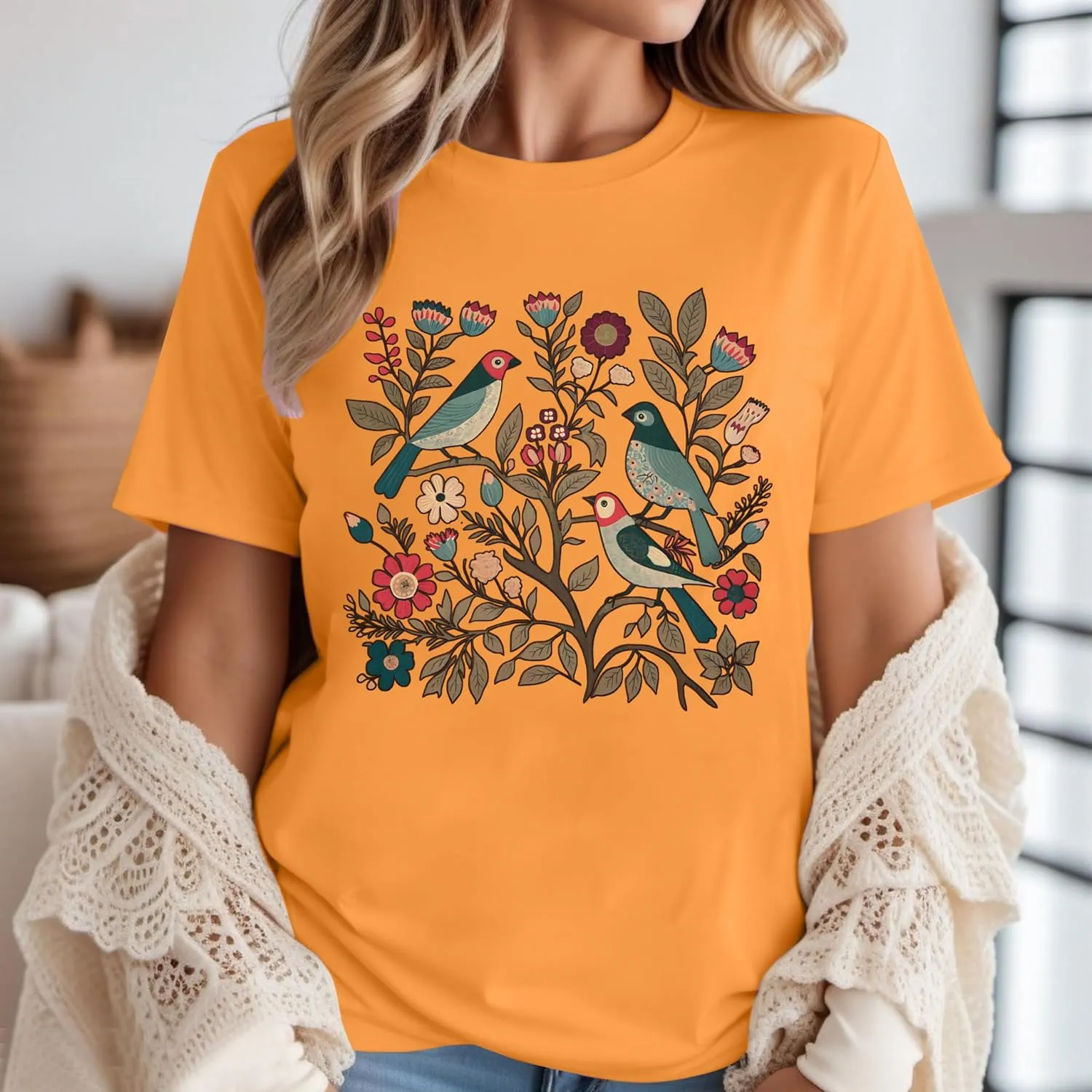 Bird Shirt Women Boho Flower: Watercolor Bird Shirts Nature Animal Gift Floral Graphic Tee Botanical Garden Lover Top