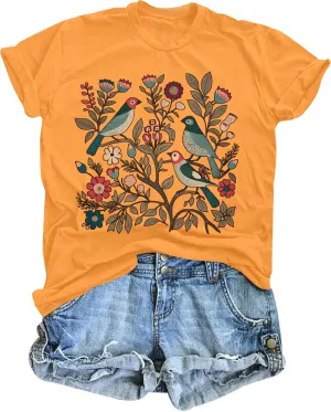 Bird Shirt Women Boho Flower: Watercolor Bird Shirts Nature Animal Gift Floral Graphic Tee Botanical Garden Lover Top