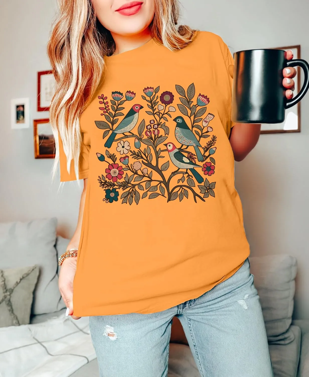 Bird Shirt Women Boho Flower: Watercolor Bird Shirts Nature Animal Gift Floral Graphic Tee Botanical Garden Lover Top