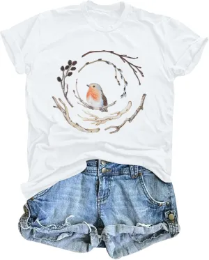 Bird Shirt Women Boho Flower: Watercolor Bird Shirts Nature Animal Gift Floral Graphic Tee Botanical Garden Lover Top