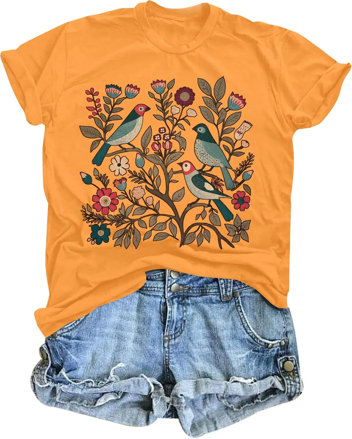 Bird Shirt Women Boho Flower: Watercolor Bird Shirts Nature Animal Gift Floral Graphic Tee Botanical Garden Lover Top