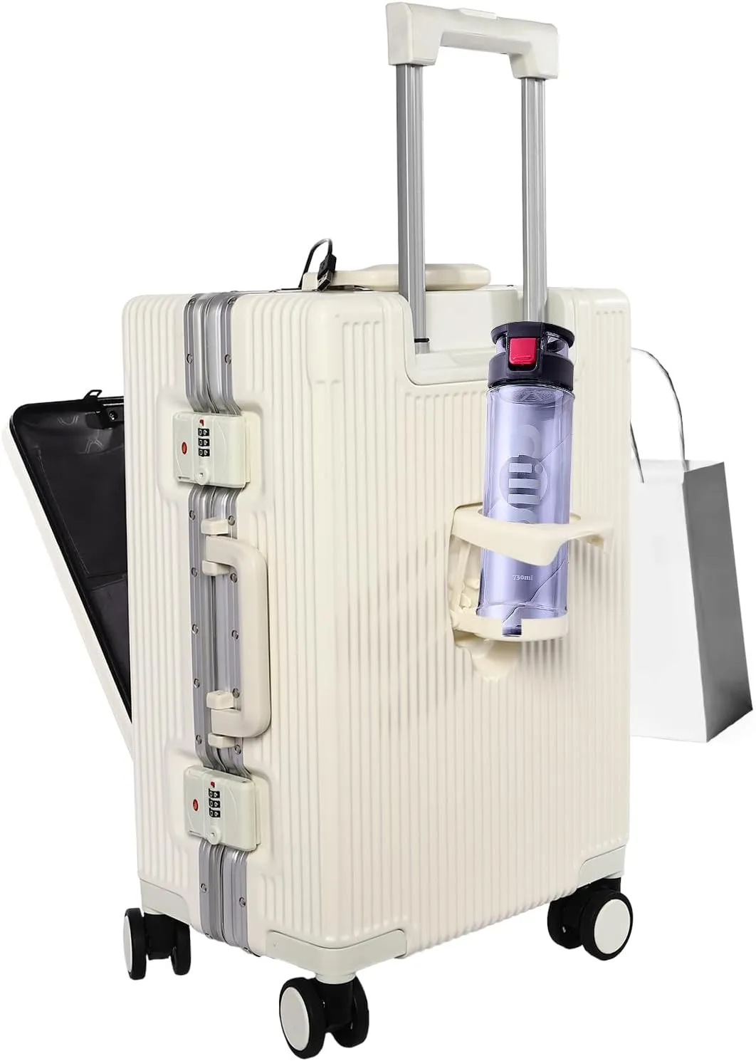 Boarding Suitcase Portable Carry on Luggage Spinner, 20-Inch Noble Travel Suitcase Carry On with Usb Charging Port Multi-Functional Innovative Design Safe and Convenient to Carry, White