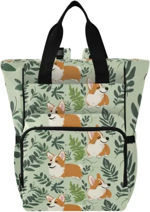 Bolaz Diaper Backpack for Moms,Multifunction Baby Nappy Changing Bags with Insulated Pockets-Corgi and Green Leaves2