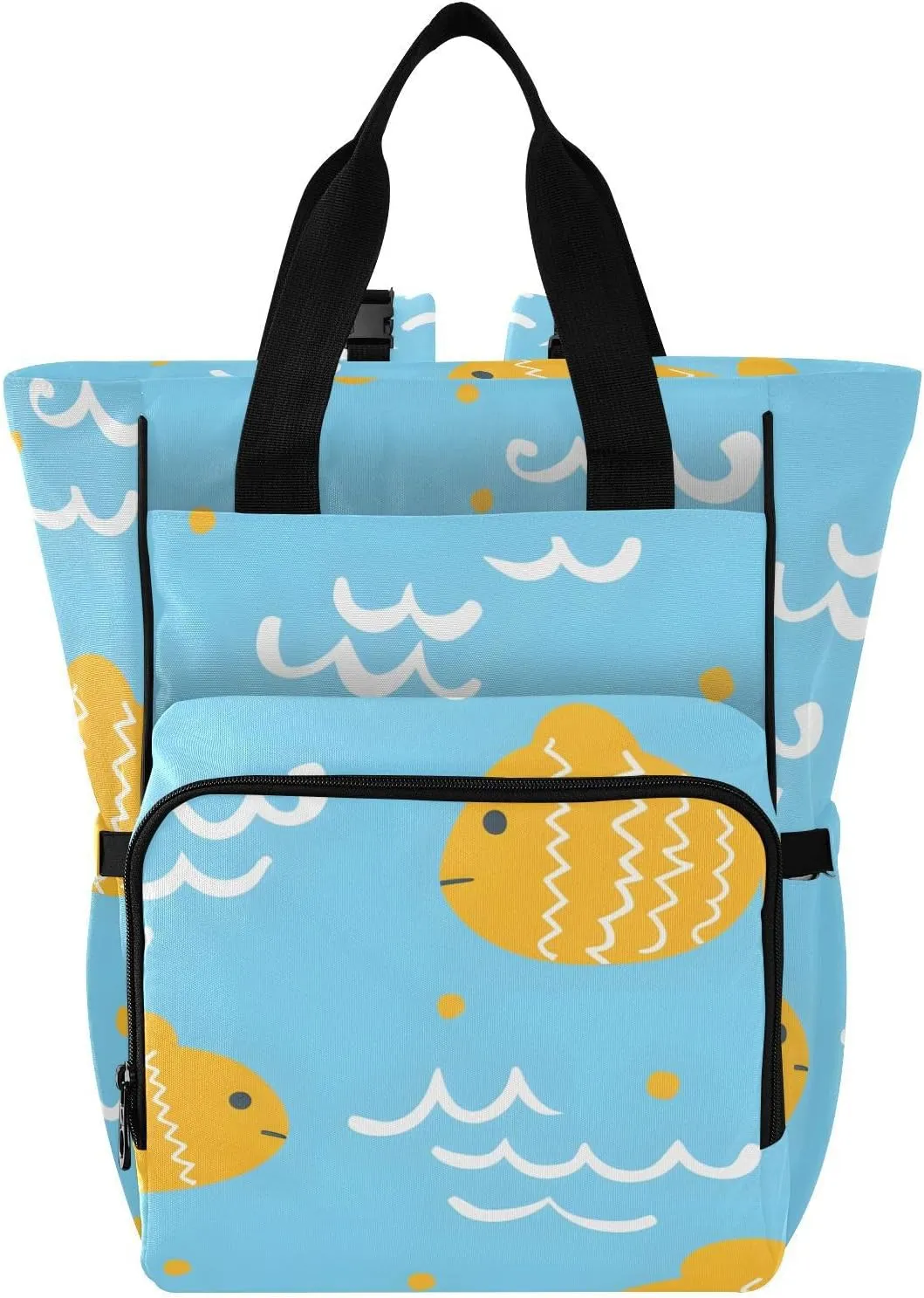 Bolaz Diaper Backpack for Moms,Multifunction Baby Nappy Changing Bags with Insulated Pockets-Yellow Fish Baby Blue Background