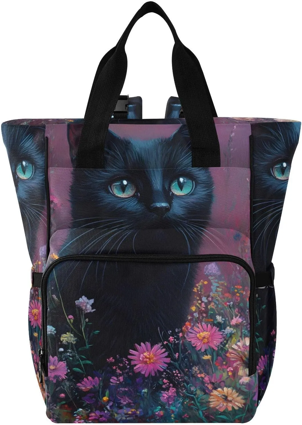 Bolaz Diaper Backpack for Moms,Multifunction Baby Nappy Changing Bags with Insulated Pockets,Black Cat in The Sea Of flowers2
