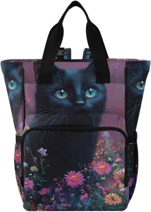 Bolaz Diaper Backpack for Moms,Multifunction Baby Nappy Changing Bags with Insulated Pockets,Black Cat in The Sea Of flowers2