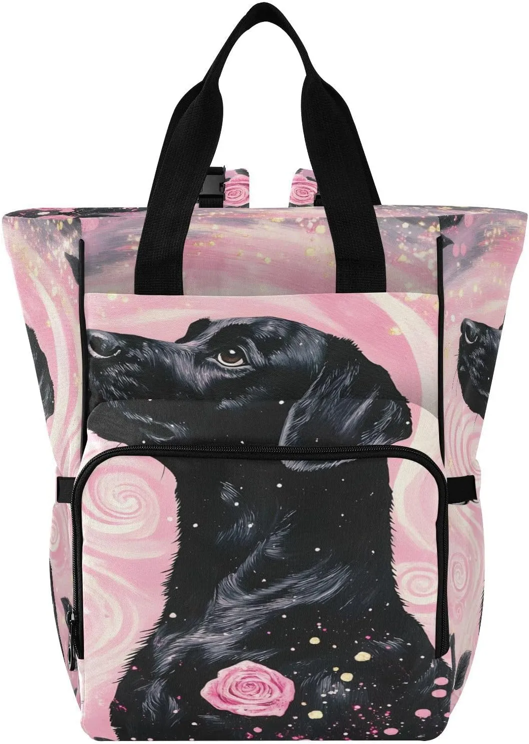 Bolaz Diaper Backpack for Moms,Multifunction Baby Nappy Changing Bags with Insulated Pockets,Rose Background Black Dog Pattern