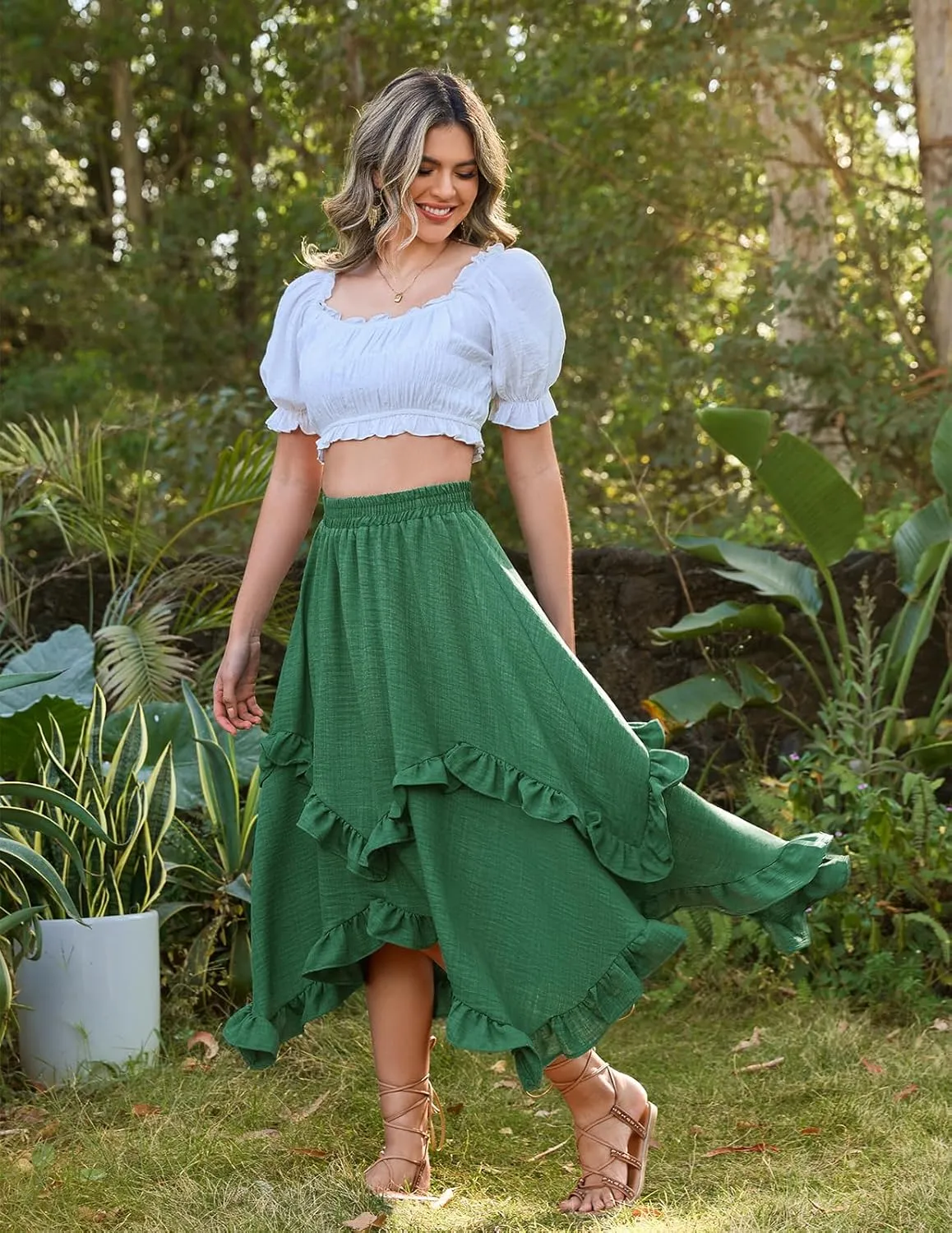 Bridesmay Renaissance Fairy Skirt 2025 Asymmetrical Ruffle Hem Elastic Waisted Long Maxi Skirts for Women