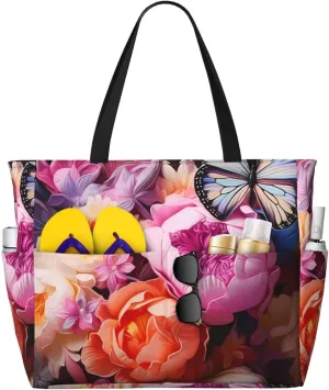 Butterfly and Fresh Bush Print 28L Large Beach Tote Bag, 7 Pockets Waterproof Travel Shoulder Bag, Gym Oversized Tote