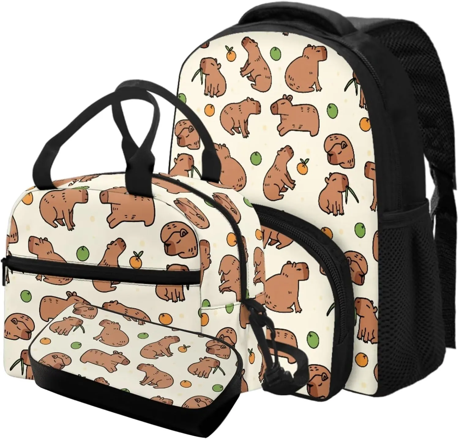Capybara Girls Backpack and Lunch Box Set Kindergarten 3 Pcs Cute Small Diaper Backpack for Toddlers Cooler Lunch Bag Insulated Keep Food Fresh for Camping