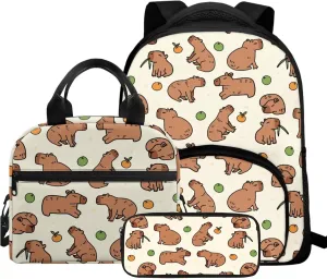 Capybara Girls Backpack and Lunch Box Set Kindergarten 3 Pcs Cute Small Diaper Backpack for Toddlers Cooler Lunch Bag Insulated Keep Food Fresh for Camping