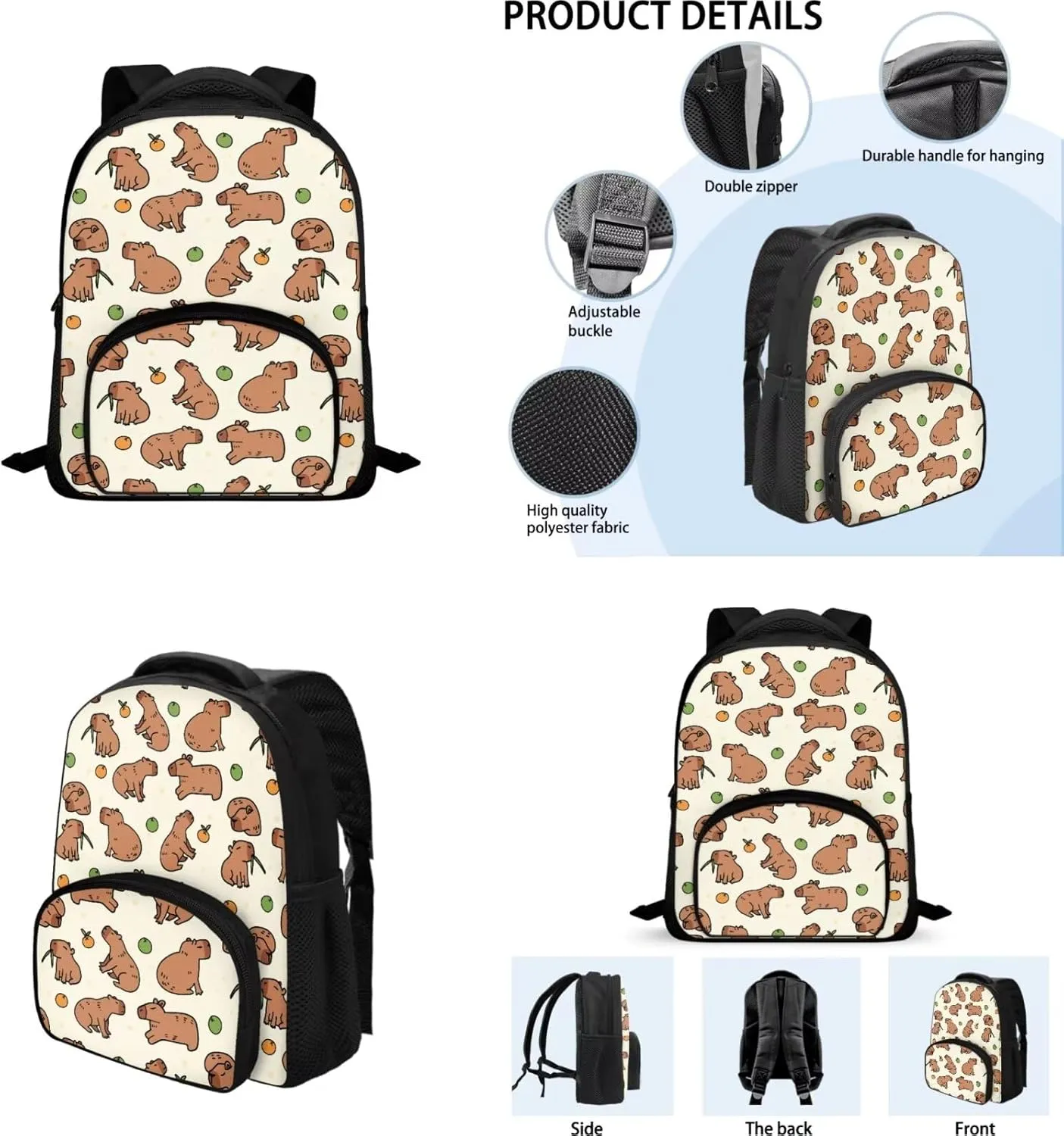 Capybara Girls Backpack and Lunch Box Set Kindergarten 3 Pcs Cute Small Diaper Backpack for Toddlers Cooler Lunch Bag Insulated Keep Food Fresh for Camping