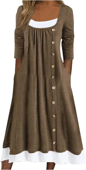 Casual Dresses for Women Long Sleeve Square Neck Buttoned Pleated Midi Dress 2024 Fall Fashion Patchwork Swing Dresses