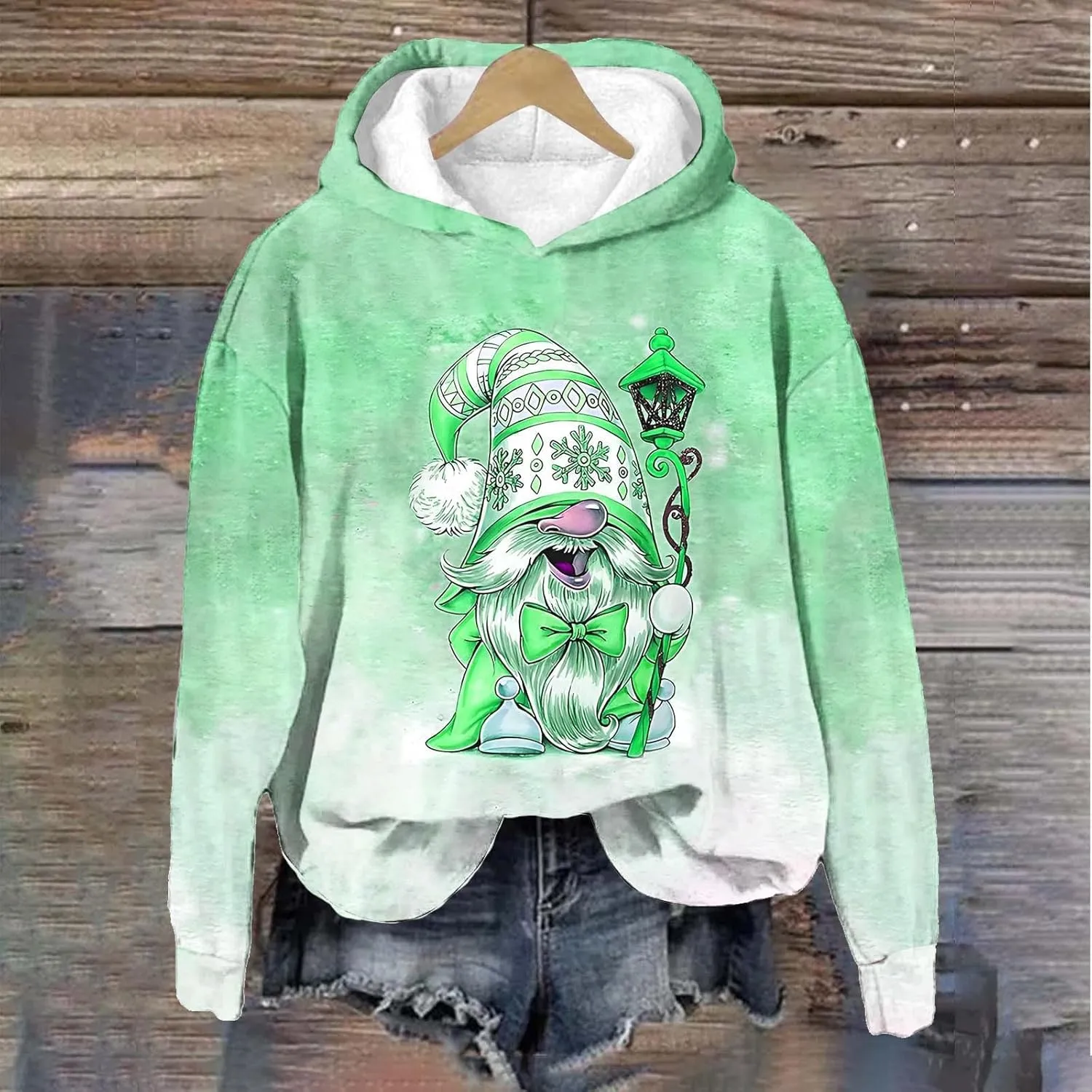 Christmas Gnome Hoodie for Women Fleece Lined Pullover Oversized Long Sleeve Winter Graphic Hooded Sweatshirt Top