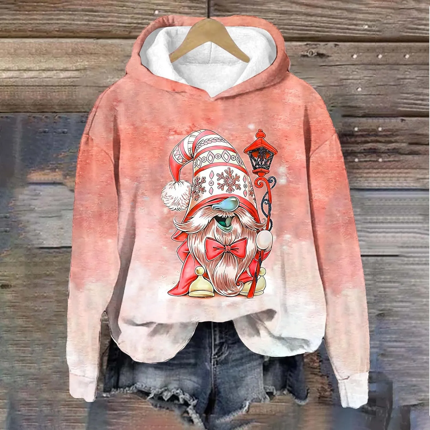 Christmas Gnome Hoodie for Women Fleece Lined Pullover Oversized Long Sleeve Winter Graphic Hooded Sweatshirt Top
