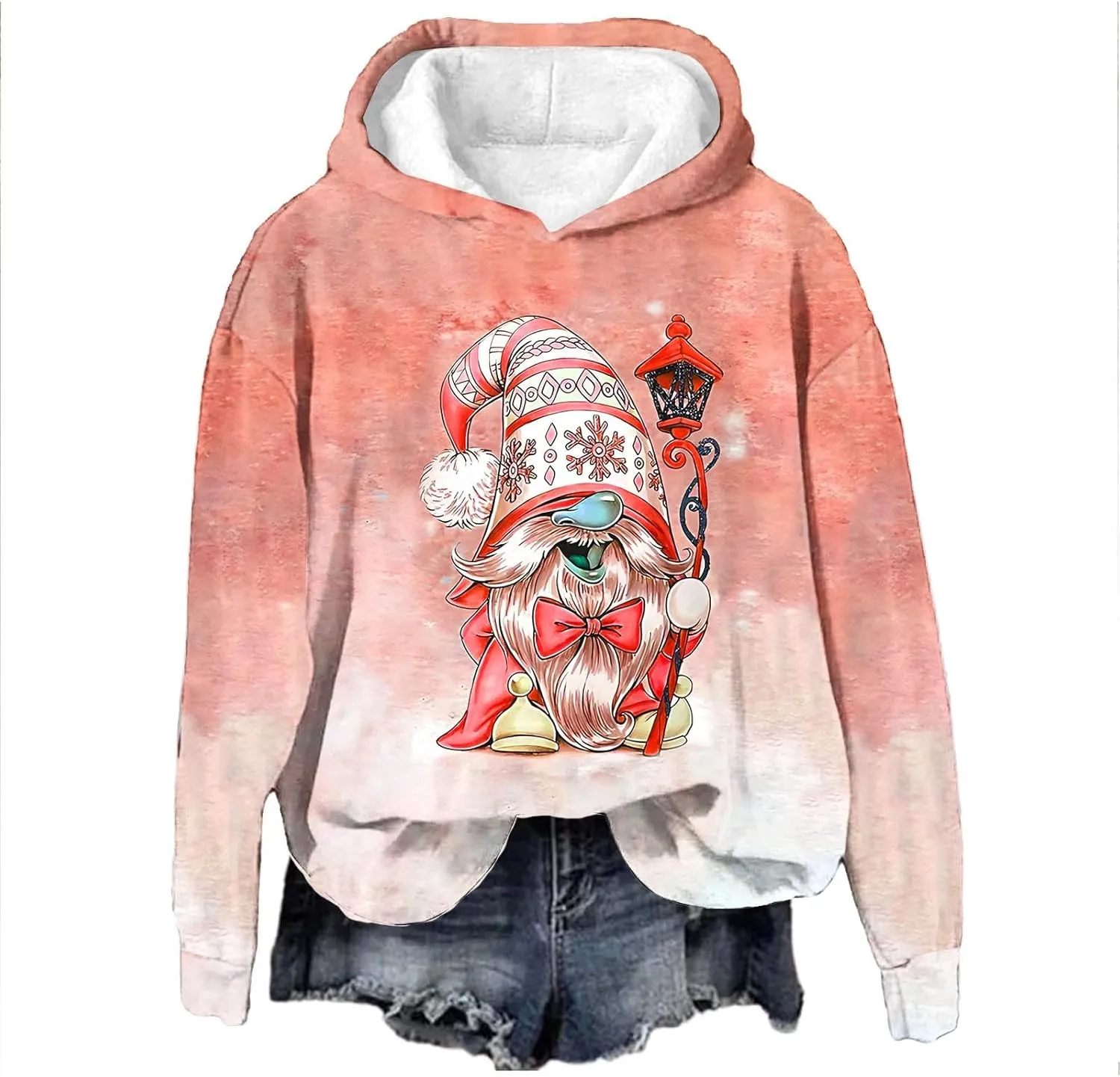Christmas Gnome Hoodie for Women Fleece Lined Pullover Oversized Long Sleeve Winter Graphic Hooded Sweatshirt Top