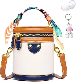 Colorblock Bucket Bag For Women,Leather Fashion Versatile Colorblock Cylinder Bag,Fashionable Crossbody Bag for Womens