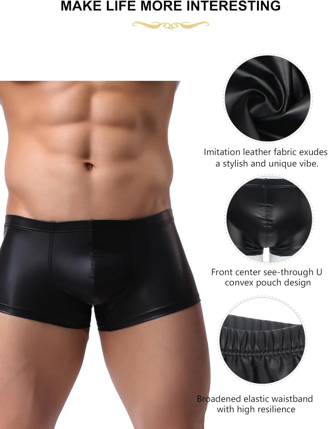 comeondear Mens Lingerie for Straight Men Sexy Faux Leather Boxer Briefs Low Rise Male Thongs Underwear for Men