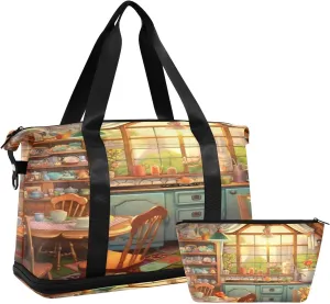 Cozy Kitchen2 Sports Gym Bag with Waterproof Dry Wet Pocket, Travel Duffel Bag for Women MenWorkout Bag Fits Yoga, Swimming